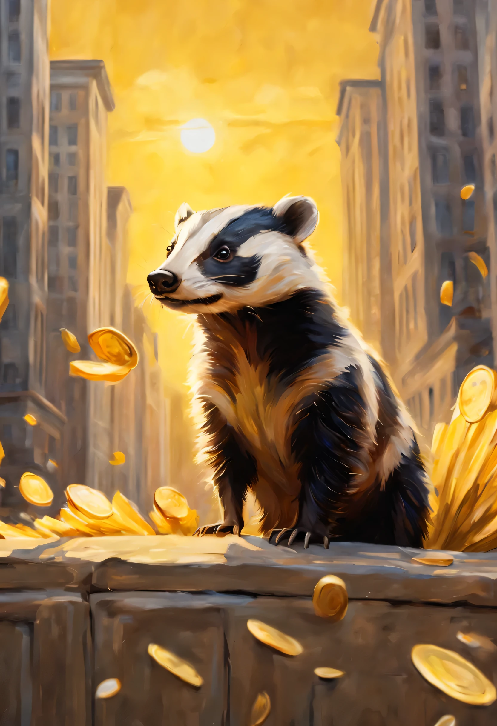 Dream illustration, fairytale-like, Oil painting, 8k, Badger on wall street, Backgroung, new work buildngs, money flying, HD, Golden, Light yellow, sunrise color, Golden light atmosphere, Front view