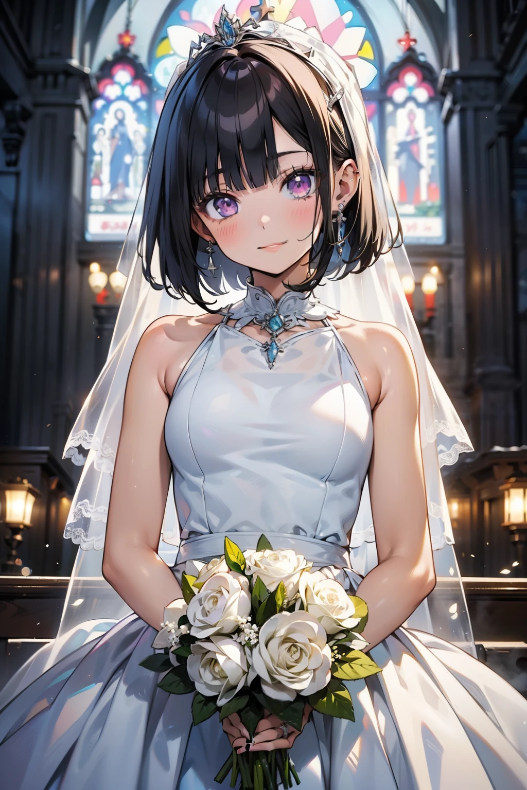 (masterpiece),(highest quality),(very detailed),(enlightenment),(ultra high resolution), black hair, Anime adult woman wearing a white wedding dress, anime style, 2D rendering of an anime adult woman, realistic young anime adult woman, Smooth anime CG art, tiara, smile, purple eyes, small , tall, straight hair, short bob cut, slanted eyes, (background is church), wedding veil in front of face, wedding bouquet,