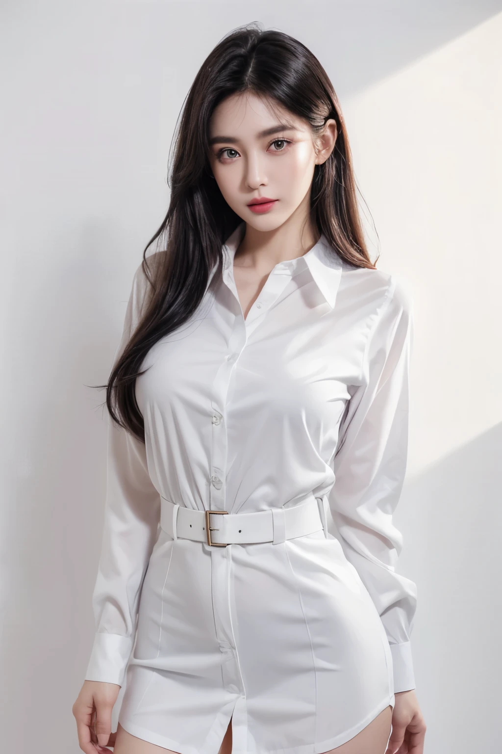 a woman, beautiful, amazing face and eyes, cosmetic, red glossy lips, (Extremely detailed beautiful face), (The sexiest look), (White collared shirt), (best quality), (Super detailed), (Extremely detailed CG unified 8k wallpaper),original photo, Professional photography, (standing), (pure white background),(black hair),(big eyes),(Soft light source),(beautiful胸部)