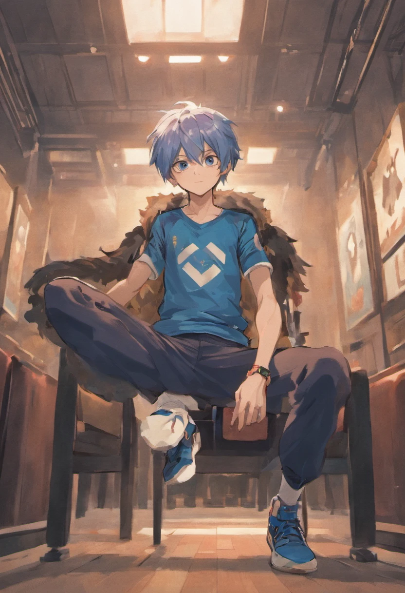 masterpiece,best quality,8K quality,highest resolution,unparalleled clarity,full body character,panoramic, Delicate face,full body character,telephoto lens,A boy with fine fingers,sports student,Handsome boy,cute,8 year old,Shota,anime characters,Heterochromic eyes,muscle(0.5)look at the audience,smirk,Male focus is prominent,messy blue hair,White gym clothes,black leggings,black leggings,Spread your legs towards the audience,Sitting on the sofa facing the audience,white socks,Living room background with clear face
