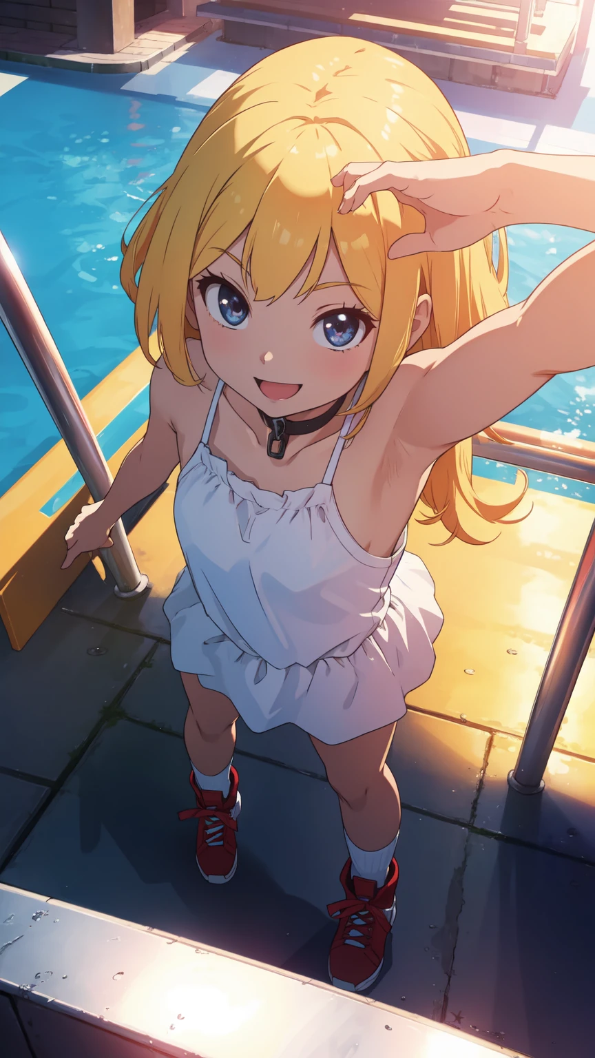 (ultra_detailed:1.4), (extreme_quality:1.4), ultra_highres, _girl, smile, camisole, (large_eyes), from_above, POV, ((stretch_arm)),  keen_socks, theme_park