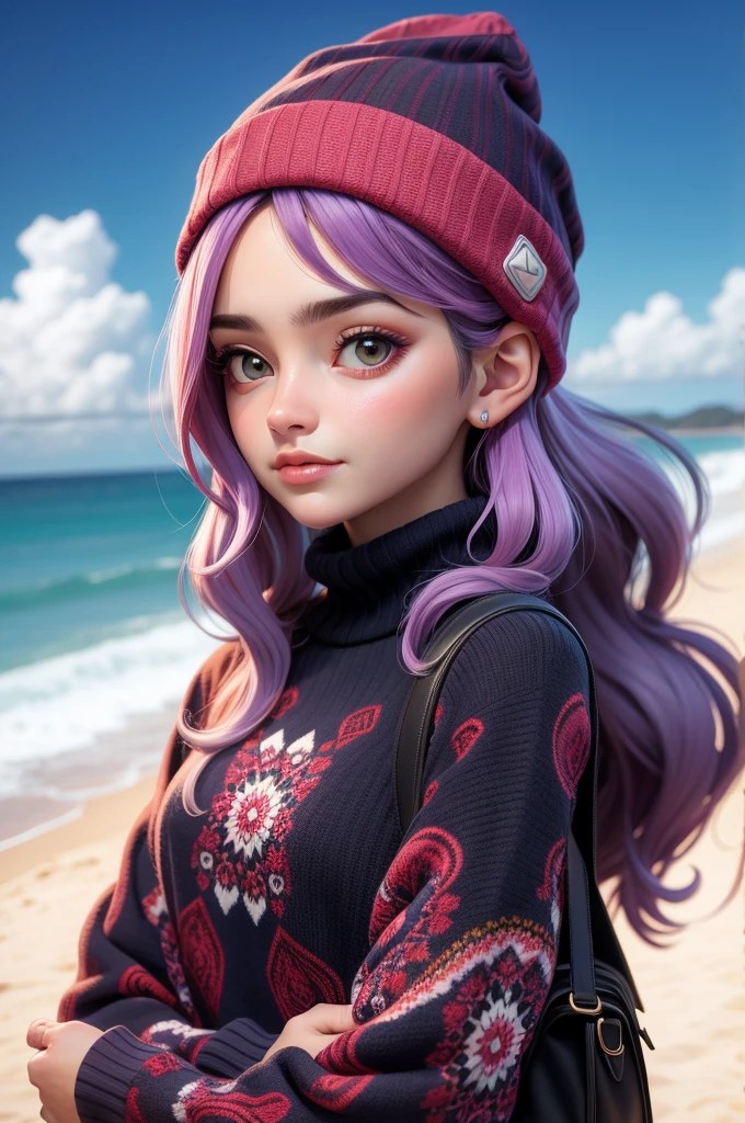 estilo 3dmm,(obra de arte, maximum quality, melhor qualidade, arte oficial, Lindo and aesthetic:1.2), (arte fractal:1.3), 1 garota, Lindo, altamente detalhado, cabelo roxo com um toque de rosa, olhos rosa, dark lighting, serious guy, looking the sky, sky, medium shot, black sweater, joia , na praia