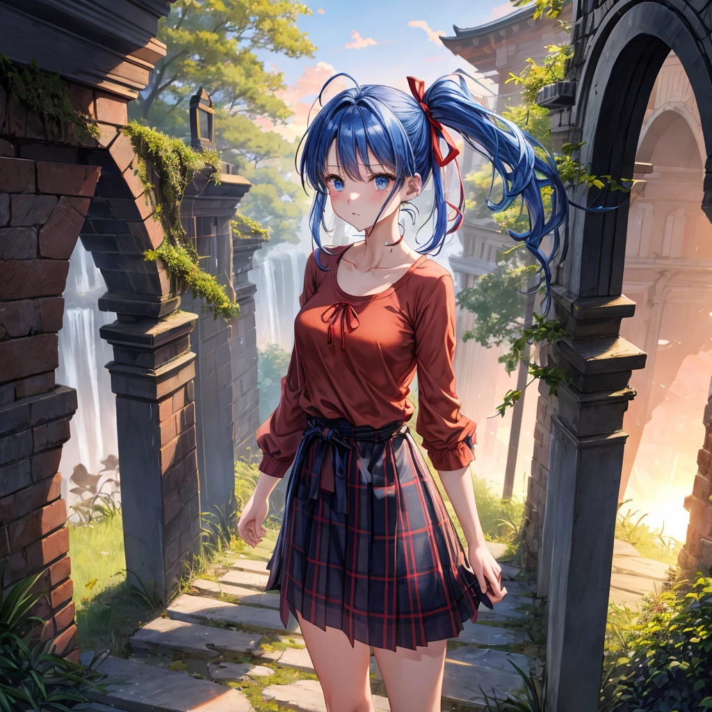 reddish-brown blonde、blue hair、blue eyes、ponytail、one good looking girl、solo、anime、Plaid miniskirt、camisole、black t-shirt、Clothes are torn、Tilting your face、Doing the ribbon、Ribbon at waist、sunset sky、broken stone steps、ruins、tunnel、Fallen leaves、Light and shadow、Raising legs、column、sparks fall、forest、tall grass grows、cloak、the ground is cracked、Shortness of breath
