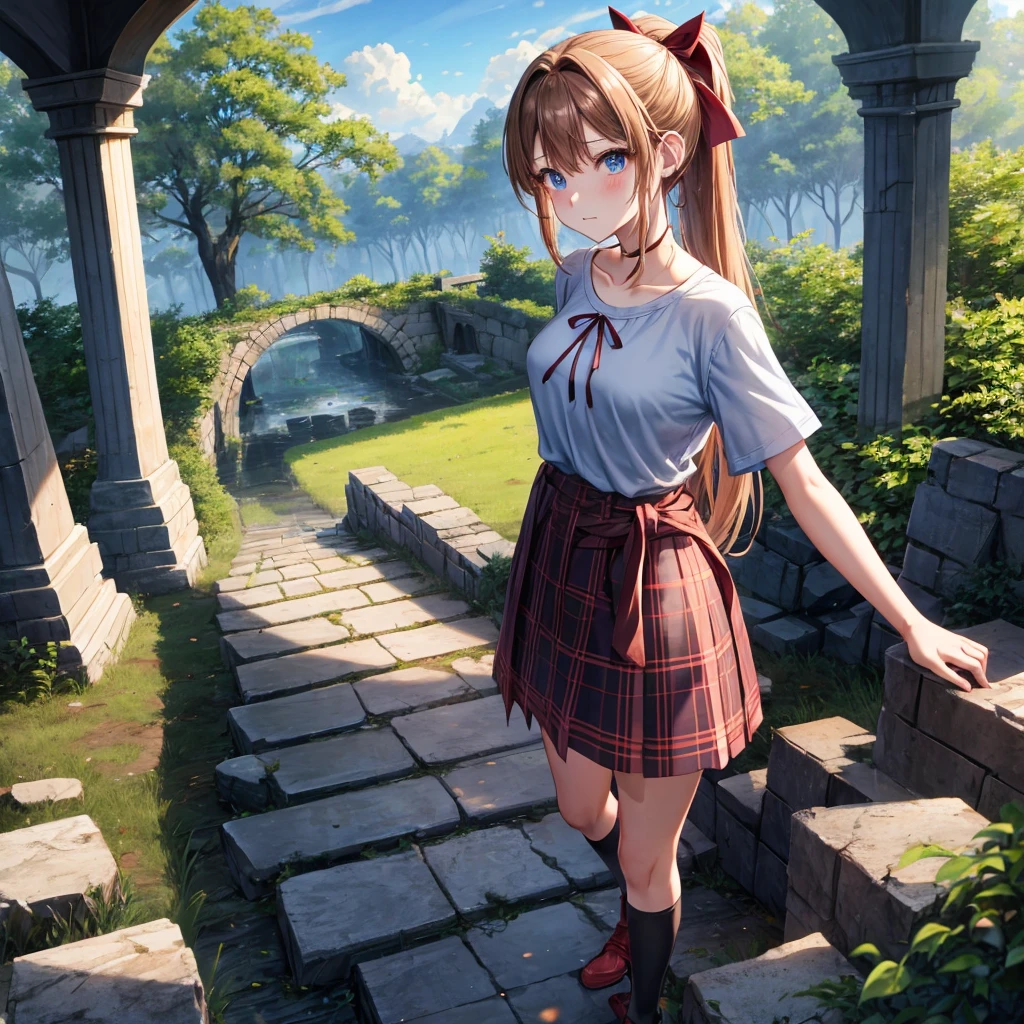 reddish-brown blonde、blue hair、blue eyes、ponytail、one good looking girl、solo、anime、Plaid miniskirt、camisole、black t-shirt、Clothes are torn、Tilting your face、Doing the ribbon、Ribbon at waist、sunset sky、broken stone steps、ruins、tunnel、Fallen leaves、Light and shadow、Raising legs、column、sparks fall、forest、tall grass grows、cloak、the ground is cracked、Shortness of breath
