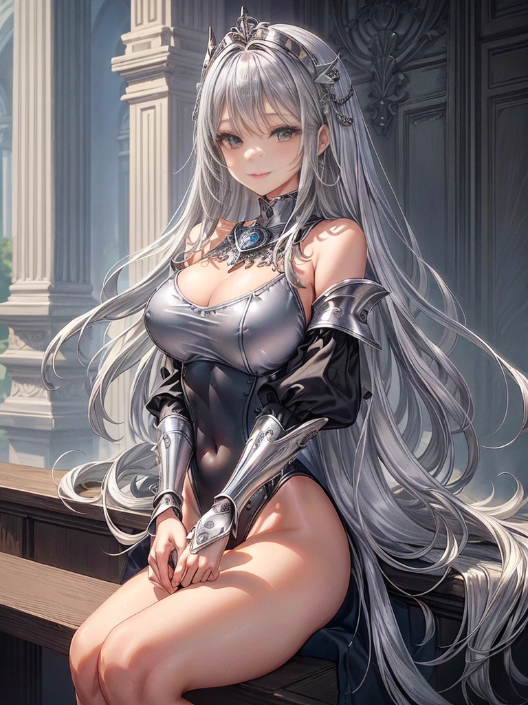 top-quality、Full limbs、complete fingers、((one beautiful women))、Beautiful Large Breasts、Medium Hair、straight haired、Silvery hair、((Woman in black long sleeve high neck leotard with silver coat of arms))、A big smile、Woman knight、((Silver shoulder rest、Silver breastplate、Silver gauntlet))、Wasteland