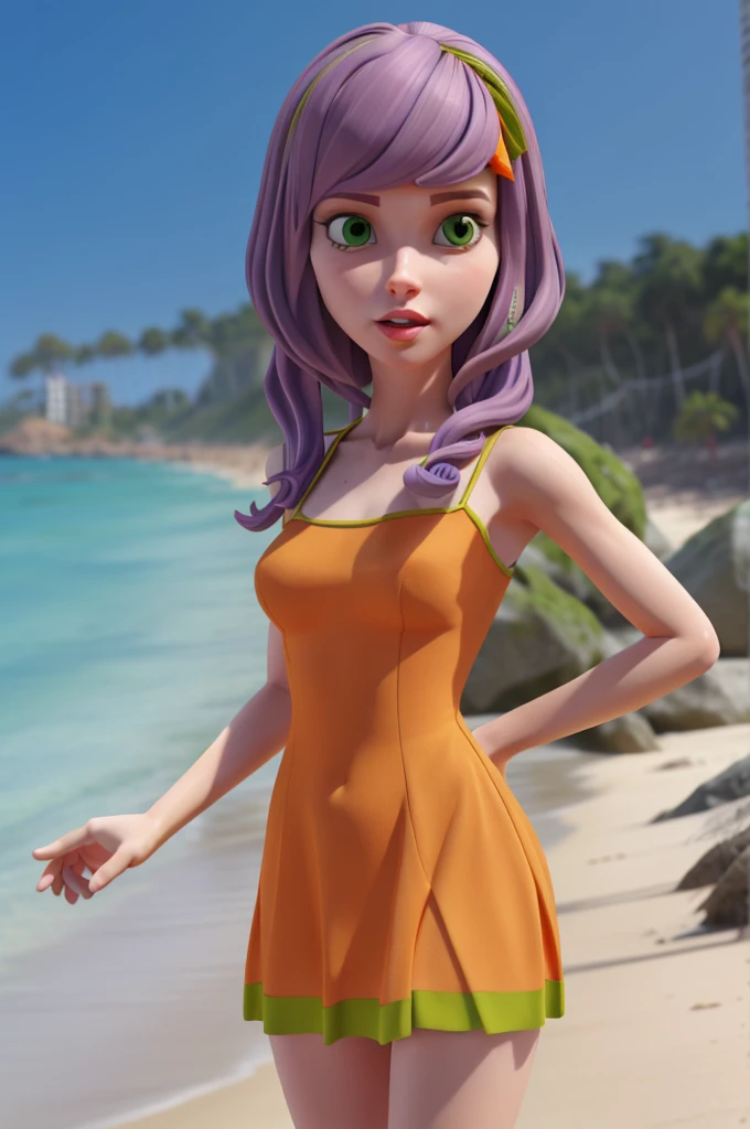 xyzdaphne, 1 garota, Lindo, retrato, fechar-se, Modelo 3D, render cycles, (verde) tissue, cabelo laranja, vestido roxo, hair elastic, mangas compridas, na praia