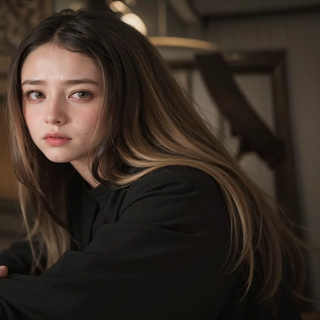 Mujer arafed con pelo largo y camisa negra sosteniendo un control remoto., Hermosa Taissa Farmiga, Wanda Maximoff, Yelena Belova, serena malyon, promotion still, anna nikonova aka new milkmaid, anastasia ovchinnikova, & her expression is solemn, pero una mirada severa sobre ella, Imagen de alta calidad