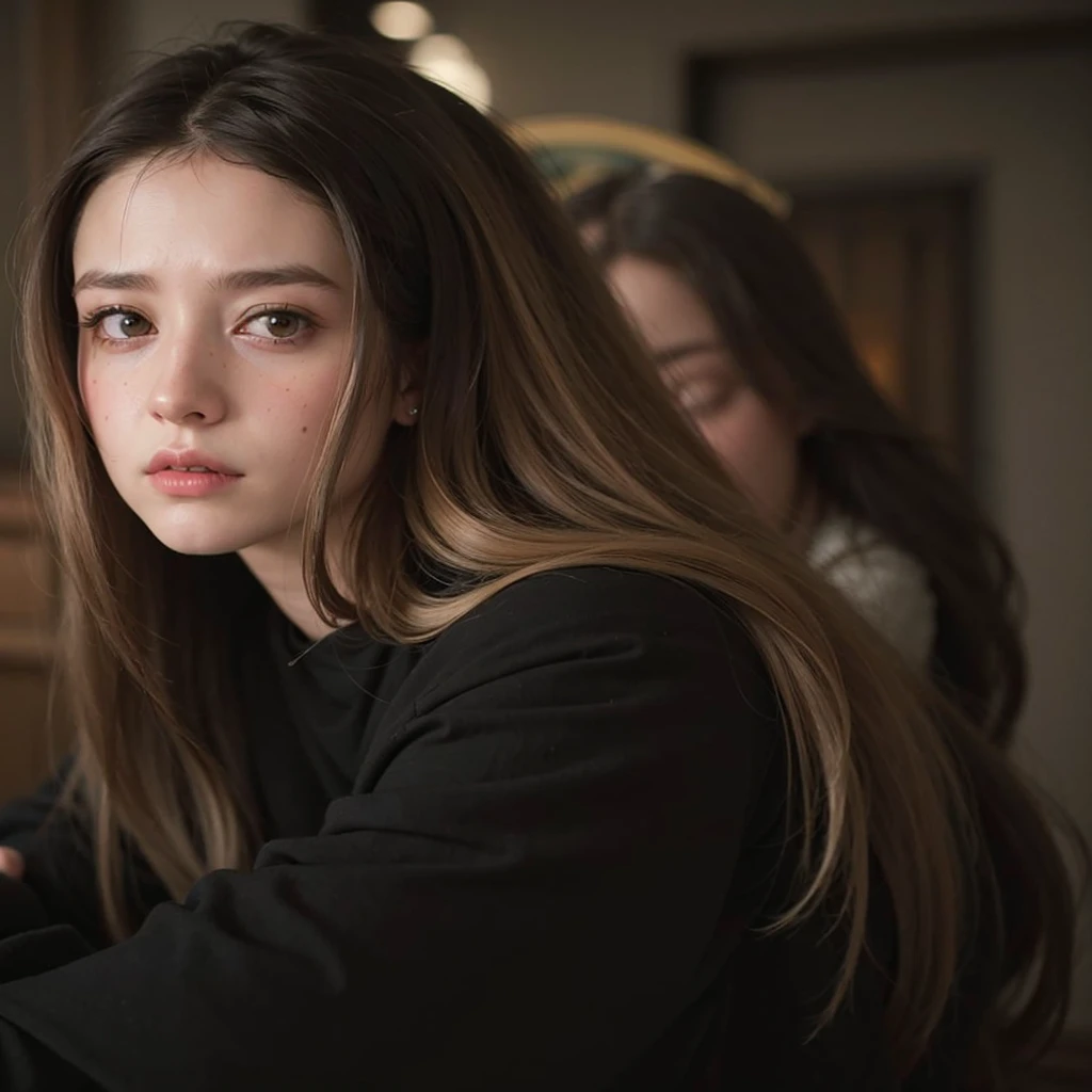 Mujer arafed con pelo largo y camisa negra sosteniendo un control remoto., Hermosa Taissa Farmiga, Wanda Maximoff, Yelena Belova, serena malyon, promotion still, anna nikonova aka new milkmaid, anastasia ovchinnikova, & her expression is solemn, pero una mirada severa sobre ella, Imagen de alta calidad
