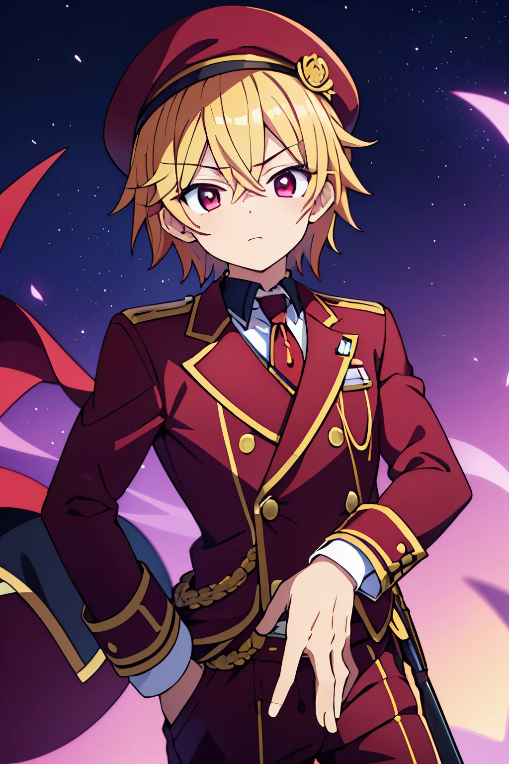 Anime Boy, Teen, Blonde Hair, Red Eyes, Wearing a Red Fedora Hat, Maroon Suit with a Red Tie, Maroon Pants, Black Shoes, Mansion Background, Nighttime, Charming, Cute Expression, Extreme Close-up Portrait, Face Shot