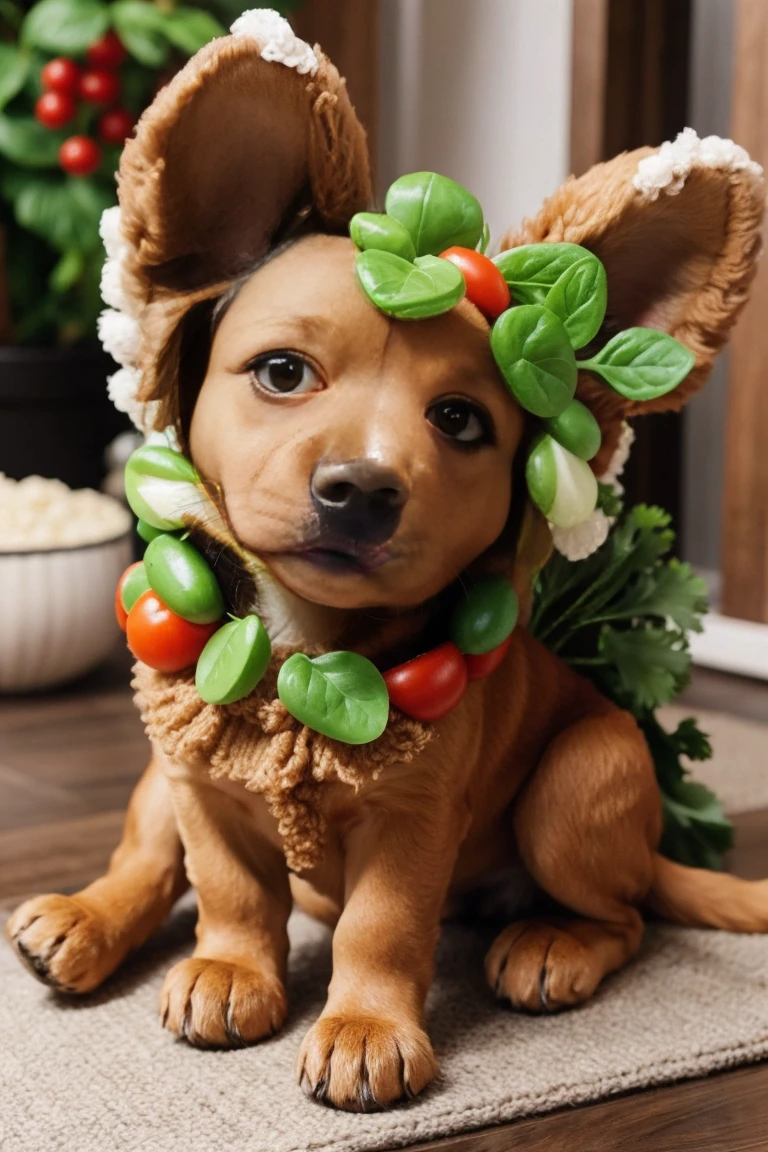 Create a dog made entirely from vegetables, its structure is made up of vegetables, cachorro de legumes. Arte de cachorro feita apenas com vegetais.