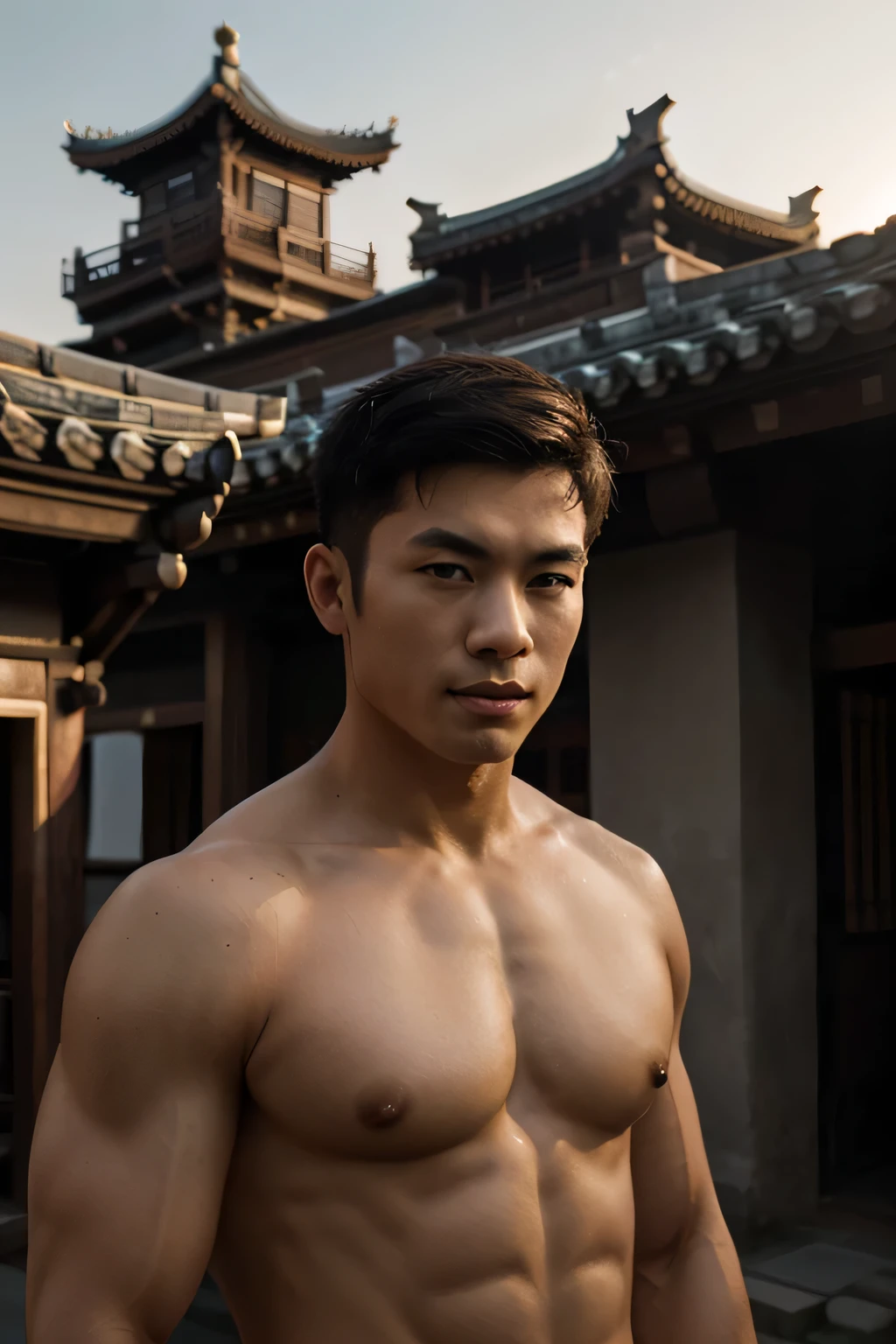 handsome asian man, top less, medium muscle men, high Quality photo, canon r6 with 85 f 1.2, portrait, rim light, sunset, black ground Chinese ancient building,