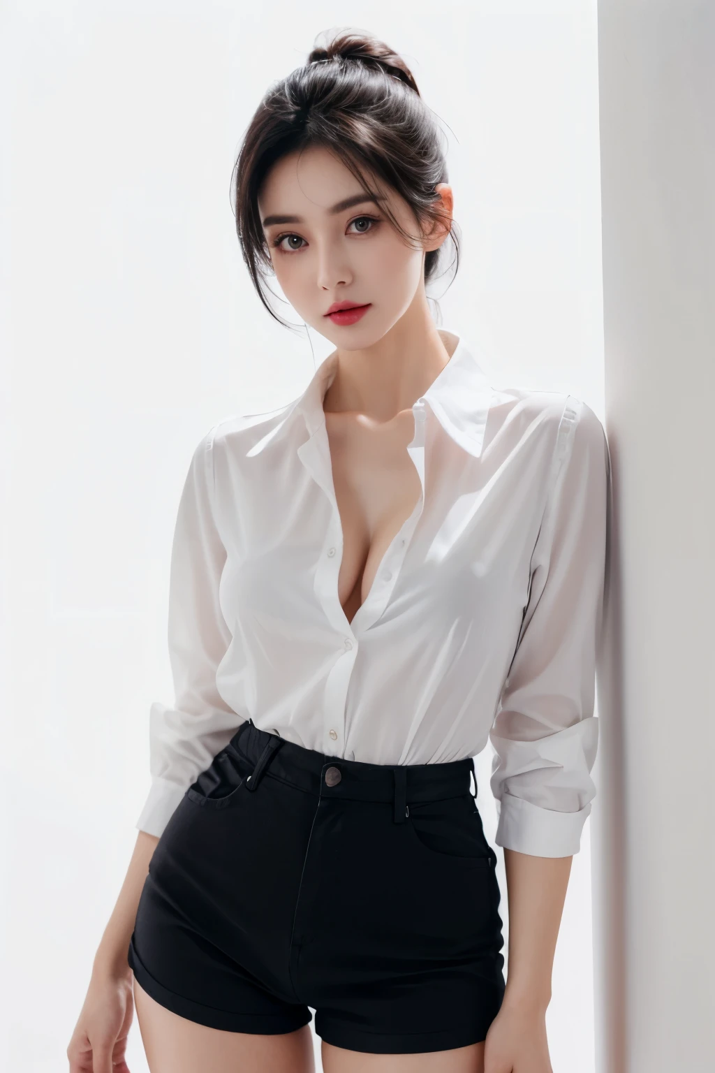 extremely detailed CG unity 8k wallpaper, best quality, ultra-detailed, masterpiece, realistic, photo realistic, extremely detailed cute girl, 30years old, (secretary), large breasts, blush, parted lips, business white shirt , couch , sitting , (showing panties) ,half body shot ,