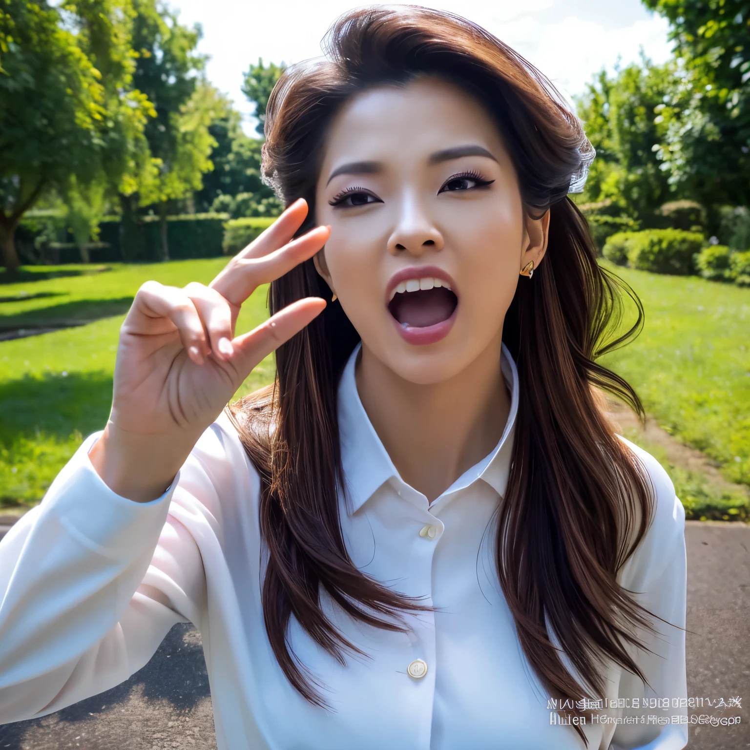 Realistic,(tmasterpiece, high qulity:1.2) ,realisticlying, RAW photogr, wide wide shot, ( hand sign), verbal invitation, with her mouth open, (Just enough to make ends meet), Adjust hair, hair tying up