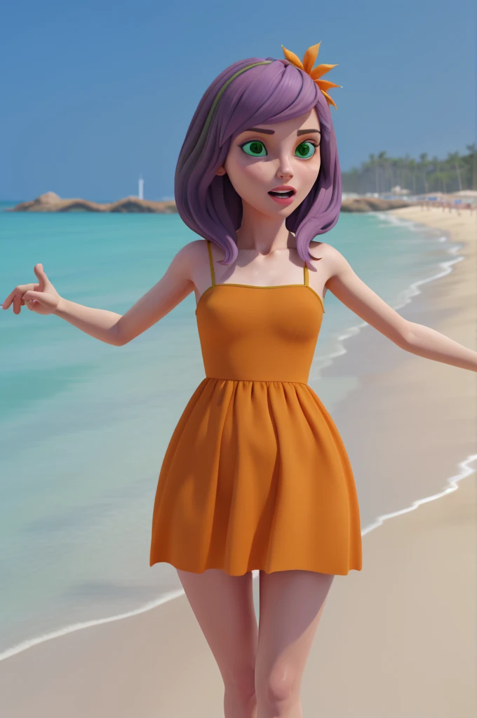 xyzdaphne, 1 garota, Lindo, retrato, fechar-se, Modelo 3D, render cycles, (verde) tissue, cabelo laranja, vestido roxo, hair elastic, mangas compridas, na praia andando