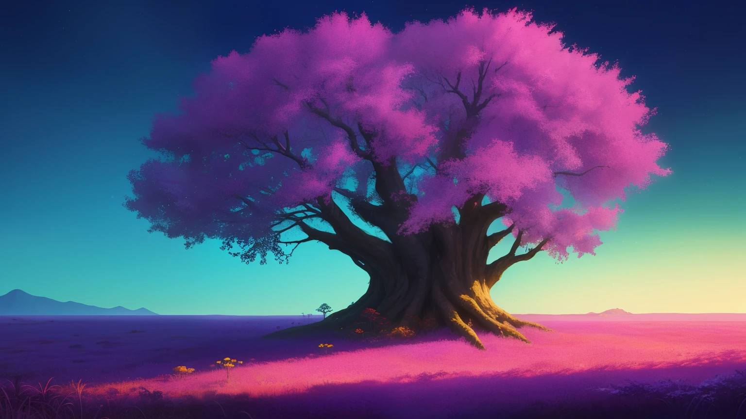 empty purple forest, blue, magenta, violet tones, conceptual game art, purple grass, purple leaves, cyan dirt, vivid colors, trees with twisted branches, mushrooms growing on trees, enchanted atmosphere, ethereal beauty, game concept art, digital drawing art style, monochromatic