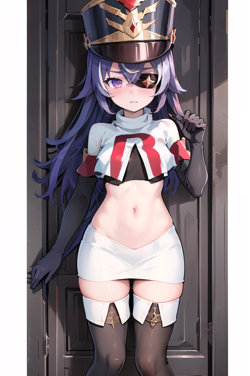 ((masterpiece,best quality)), 1girl, chevreuse, shako cap, eyepatch, detached sleeves, blush, team rocket,team rocket uniform,white skirt,red letter R,crop top,black thigh-highs,black elbow gloves