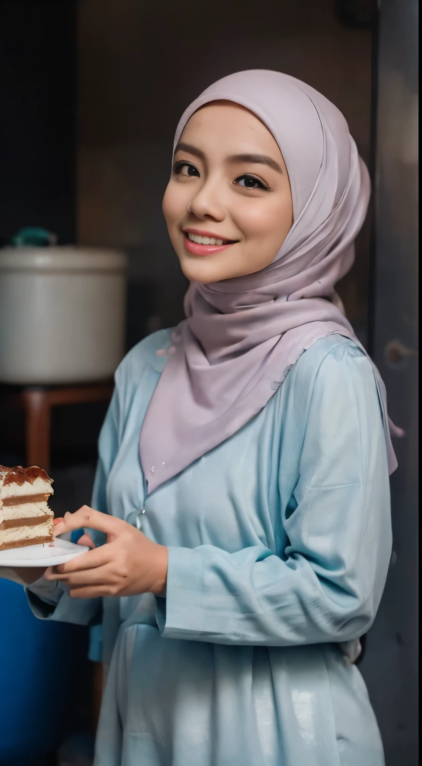 malay girl in hijab baking cake in pastel color peplum dress, dimple, big front teeth, gold necklace, laughing, happy, messy kitchen, flour in face and body, wet bikini, wet flour in body and face, detailed skin texture, soft lighting, too many smudge flour in body and face, style raw, pastel color grading, Super 8mm lens, Deep Focus cinematography effect