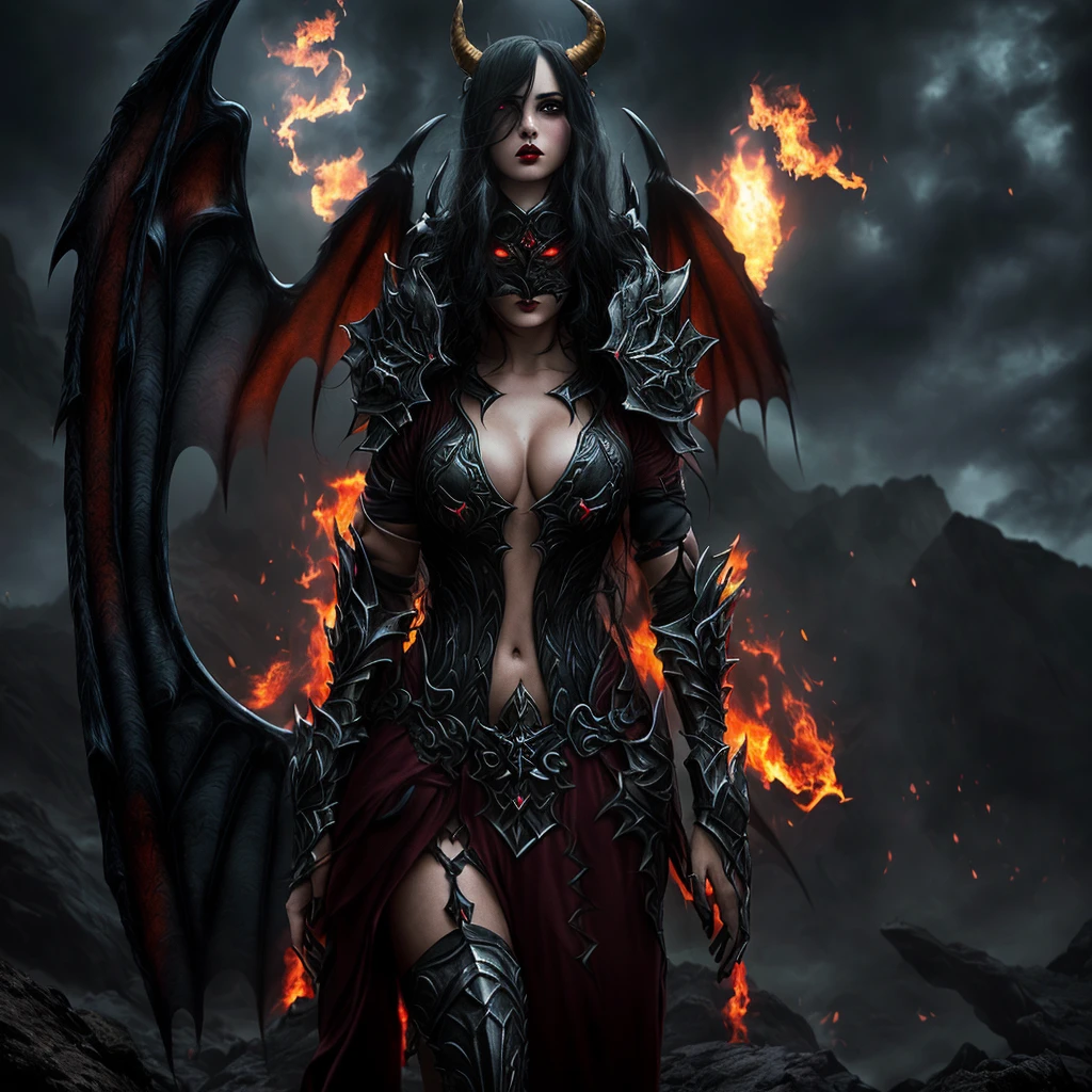 demonic woman with horns and wings standing in front of a mountain, beautiful succubus, succubus | medieval, beautiful elegant demon queen, succubus, demoness, succubus in tight short dress, demon armor, demon woman, diablo 4 lilith, demon girl, demonic dragon inspired armor, epic fantasy art style hd, dark fantasy style art, epic fantasy digital art style