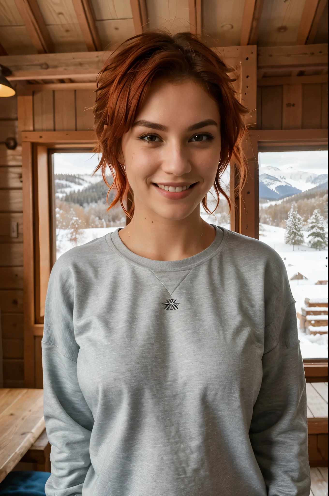 best quality, 4k , full body , ultra high resolution, beautiful girl, not too skinny, not too big, very fit girl, short bright red disheveled hair, black eyeshadow, not too big breast, she is in a mountain cabin, it is cold outside, there is a window where it is possible to see the snowy landscape , she is wearing a sweatshirt with a t-shirt low-cut, she is smiling and wrinkles her nose, she is not watching in camera, high res, detailed facial features , sharp focus, smooth, aesthetic, very happy, good vibes.