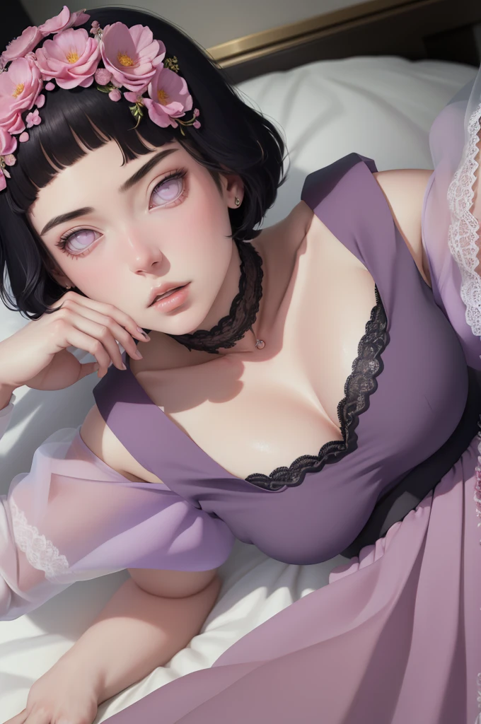 { -  error} (Masterpiece - Ultra-detailed, very high resolution) (huge titusty, masterpiece, absurdres, hinata\(boruto\), 1girl, solo,mature female, off-shoulder bra, high waist black short skirt, looking at viewelling petals), perfect composition, detailed lips, big breast, beautiful face, body propotion, blush, (pink lips), short hair, (black hair), purple eyes, soft gaze, super realistic, detailed, photoshoot, realistic face and body, closed mouth, laying on the bed , lilac eyes, full body, lace clothes, perfect fingers ( perfect fingers)