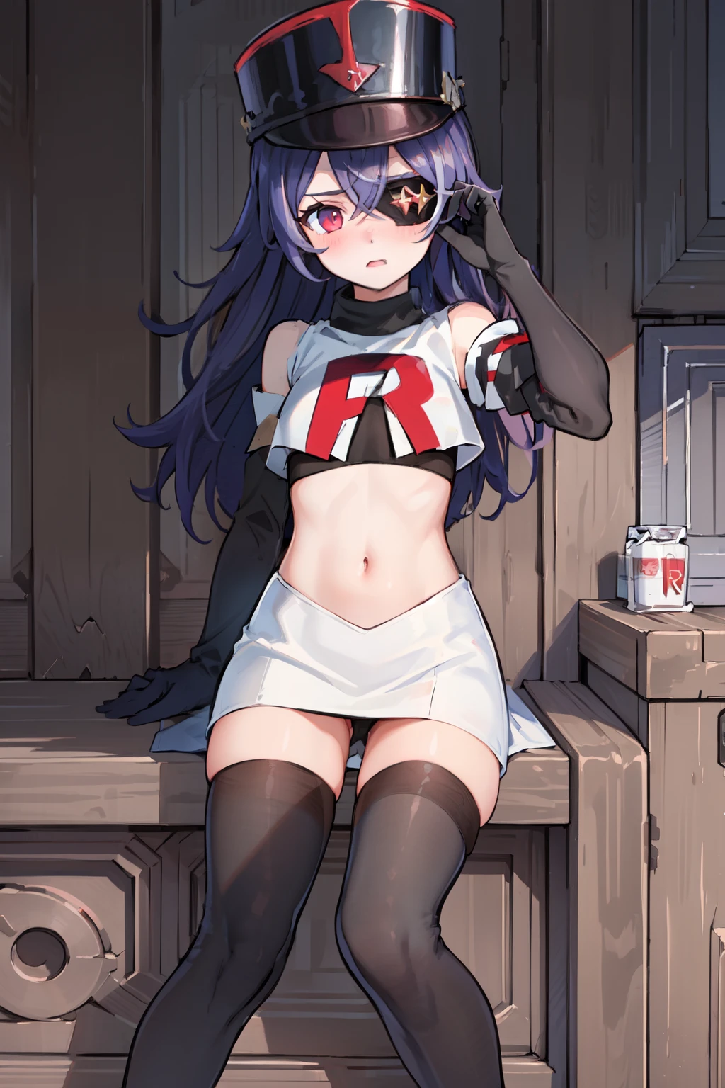 ((masterpiece,best quality)), 1girl, chevreuse, shako cap, eyepatch, detached sleeves, blush, team rocket,team rocket uniform,white skirt,red letter R,crop top,black thigh-highs,black elbow gloves