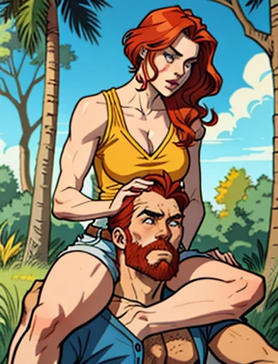 ""leggy redhaired woman in short shorts" sitting onto dead guy's neck, holding his head between her hands. "woman on top of man" woman on man shoulders" "sitting on his shoulders" "woman is holding deadman's head" "sitting onto shoulders". woman sitting man shoulders, the man's back is against a tree.
