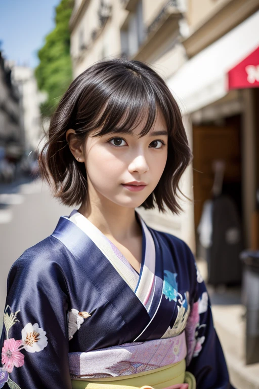 (highest quality, 16k, masterpiece: 1.3)), 1 girl, sharp focus: 1.2, beautiful woman with perfect figure: 1.4, thin abs: 1.2, (((short bob hair)), ((small: 1.4)), ((Beautiful Face Idol: 1.3)), (Transparent fabric kimono 1.5)), Highly detailed face and skin texture, fine eyes, double eyelid, (((stop temporarily)), (fascinating)), walk, Streets of Paris, Low - Angle, shot from below