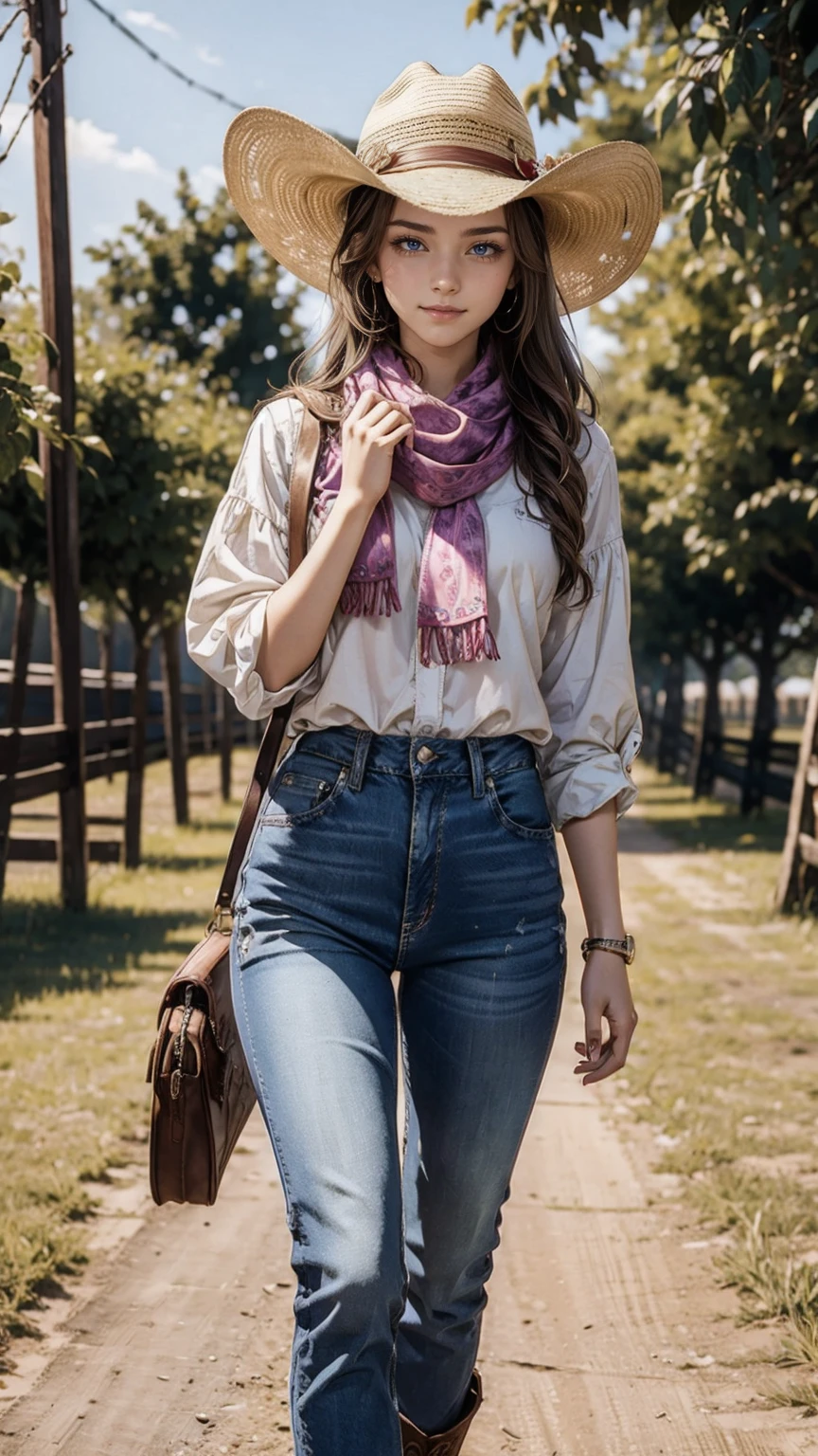 highest quality、masterpiece、ultra high resolution、24 year old white female、Hair color is brunette and purple gradation color、blue eyes、long hair、my hair is wavy、hair up style、smile、Slender but well-proportioned feminine body、wearing red nail polish、wearing a frilly blouse、wearing skinny jeans、I'm wearing boots that cowboys wear.、I'm punching my chest、wearing a cowboy hat、I'm wearing a scarf around my neck、on a farm in america、I'm holding the brim of my cowboy hat in my hand.