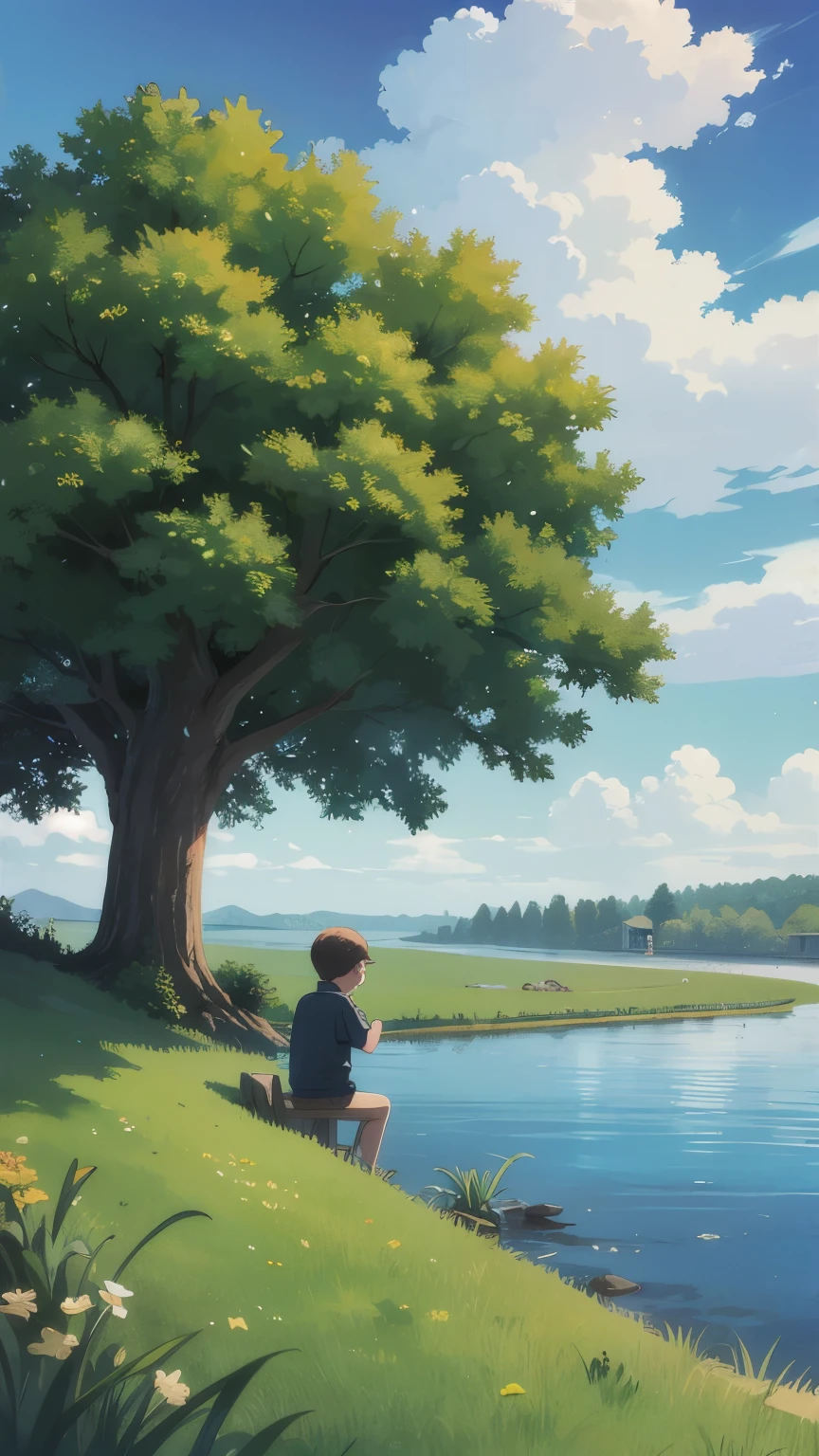 a boy, fishing, clouds in the sky, lawn, trees