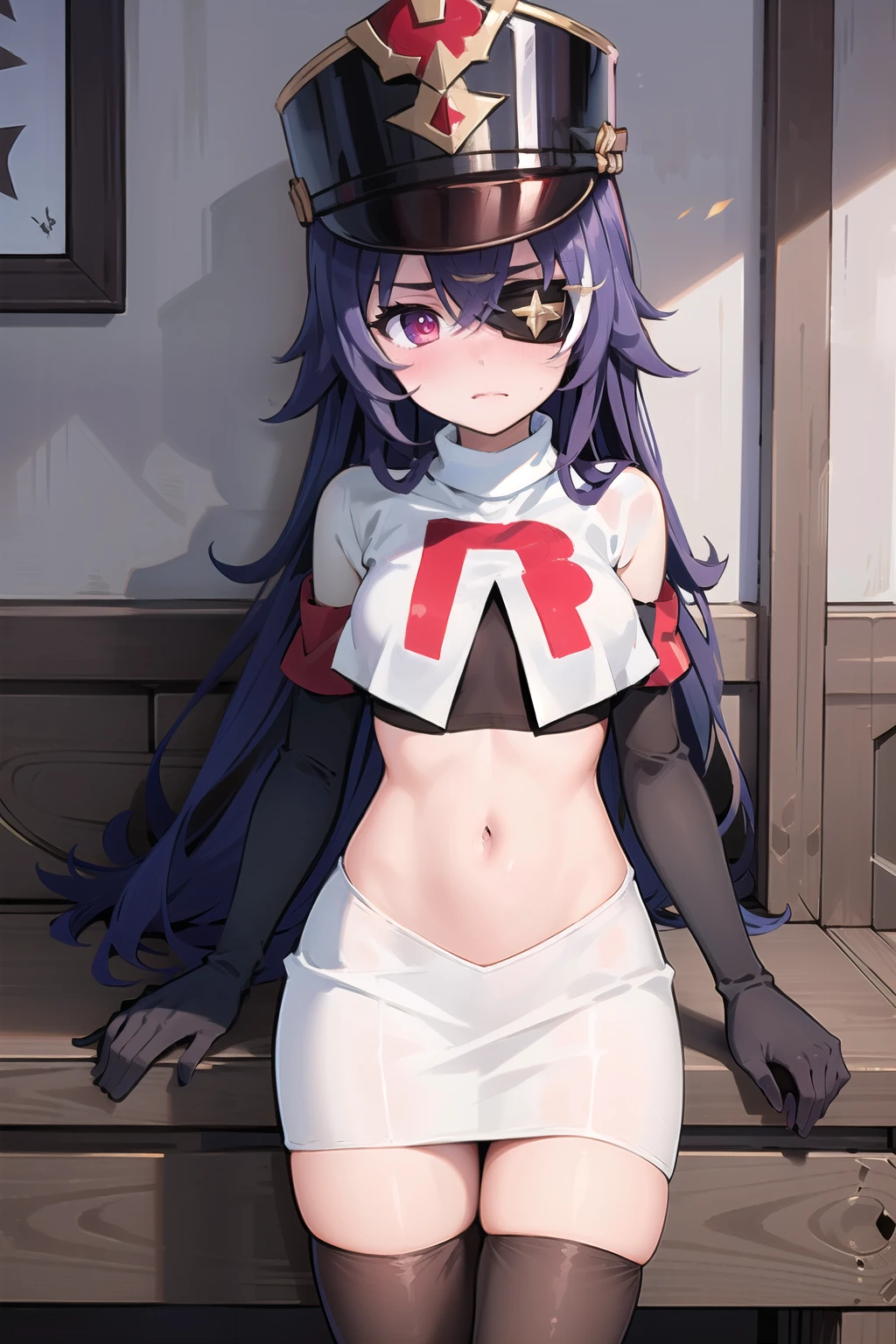 ((masterpiece,best quality)), 1girl, chevreuse, shako cap, eyepatch, detached sleeves, blush, team rocket,team rocket uniform,white skirt,red letter R,crop top,black thigh-highs,black elbow gloves