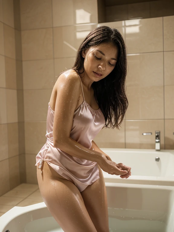 sharp photo,The picture is like living life.,The picture is not distorted.,Thai women,45 years old,The figure is perfectly proportioned.,Wear a short nightgown,wetรัดรูป,Short satin pajamas,Stand and raise your left leg.,The left foot spreads out and touches the tub.,to break out,Raise your head slightly.,Open your mouth a little.,Half-closed eyes,Sweating,wet