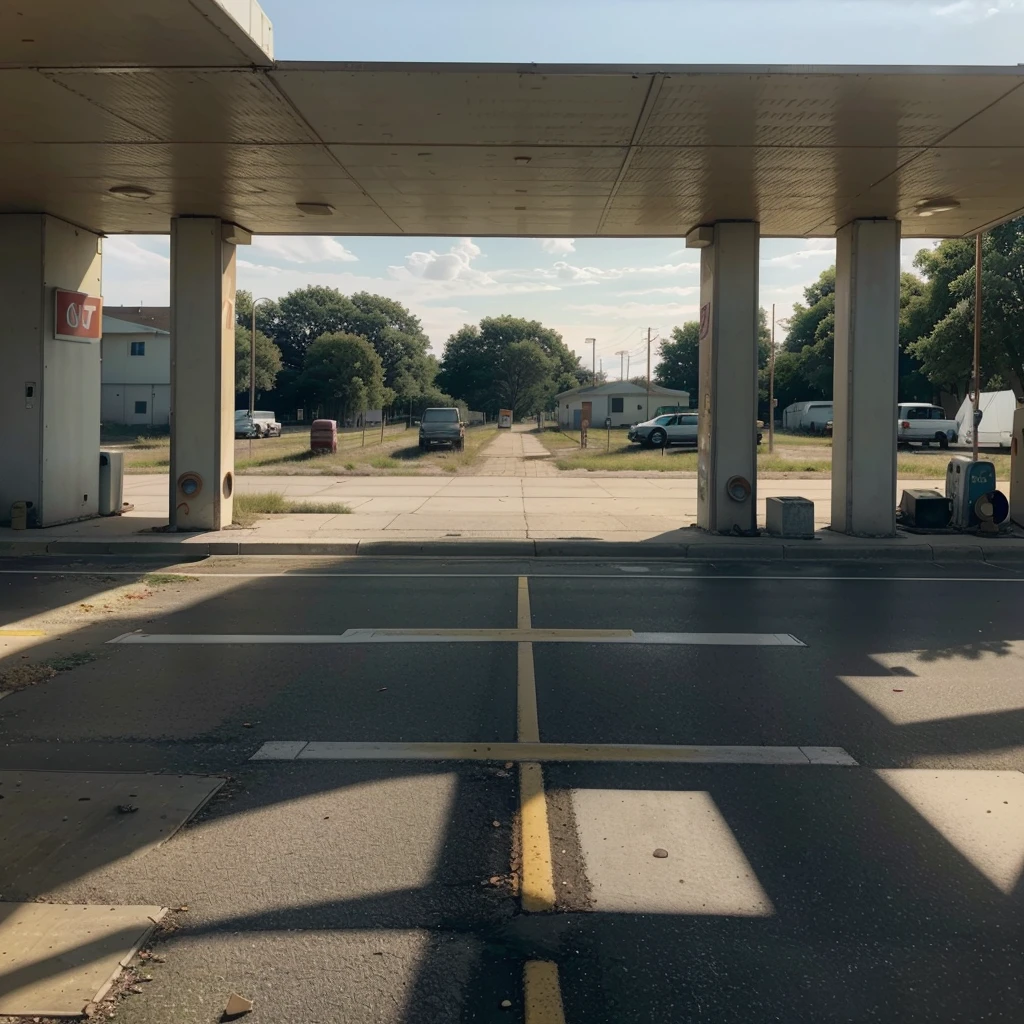 a gas station on a highway viewed from the inside, completely deserted at sunset
(best quality, highres, ultra-detailed, realistic:1.37), HDR, studio lighting, vivid colors, sharp focus
Medium: photography
Additional details: empty gas pumps, abandoned cars in the distance, flickering neon signs, a lone streetlight casting long shadows, a broken window, cracked concrete on the ground, overgrown weeds
Color tone: warm, with golden hues
Lighting: soft, warm sunlight streaming through the windows, casting a gentle glow across the scene