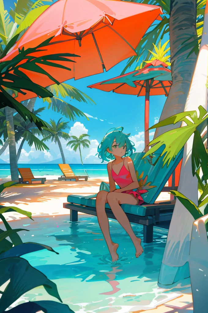 A girl in a bright swimsuit takes a breath and dives into the crystal-clear pool at the luxurious villa. Surrounding her, tropical palm trees sway gently in the breeze, casting dappled shadows over the golden sand beach. A hammock hangs invitingly under the shade of a nearby tree, while refreshing cocktails and colorful beach umbrellas lie nearby. Turquoise beach chairs are arranged neatly, reflecting the vibrant floral arrangements that add splashes of color to the scene.
The gentle sea breeze carries the sounds of the lapping waves and the rustle of palm leaves. The setting sun casts a breathtaking display of orange and pink h