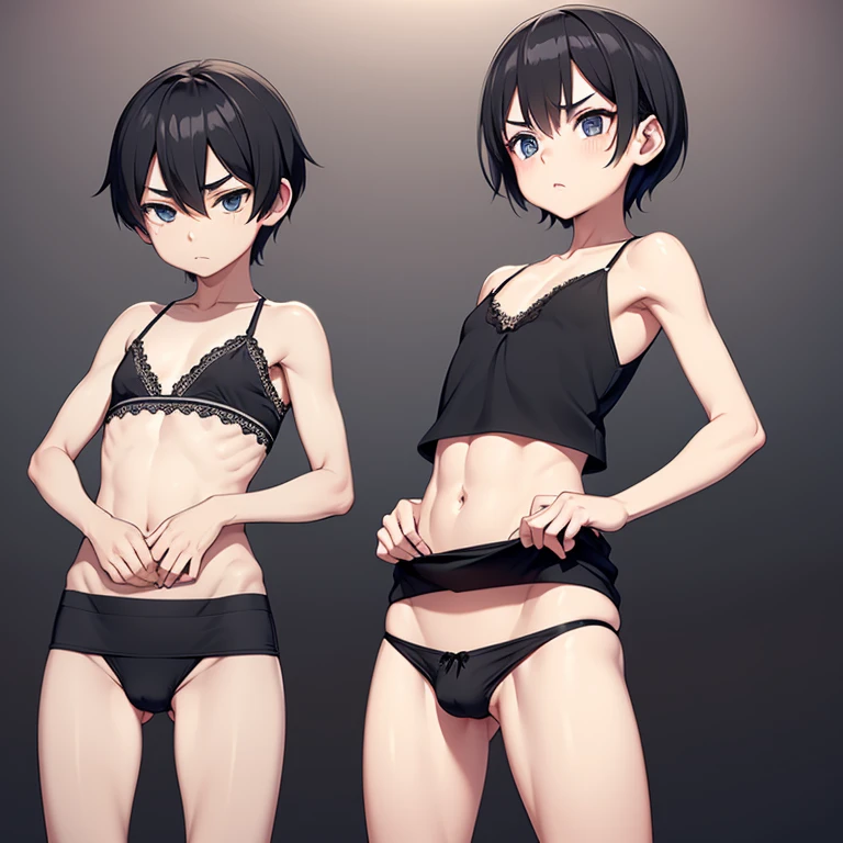 , Very thin, , flat chest, small breasts, thin legs, thin legs, black lace tank top, cleavage, small bikini pants、Masculine crotch、Greatly raised crotch