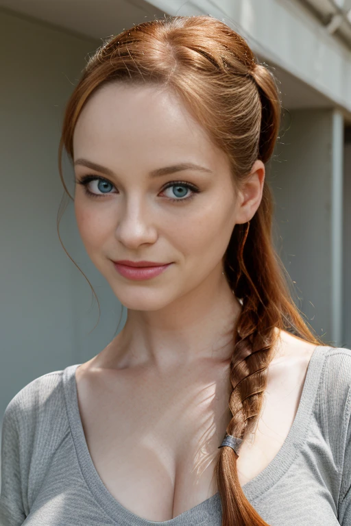 (school picture day), year book picture, sleek ponytail, braid, forehead, , youthful, teen, flirty smile, detailed eyes, blue eyes, no_makeup, eyelashes, freckles, perky breasts, cleavage, black hair, super long hair, wavy hair, looking at viewer, natural lighting, natural features, centerfold, fake lips, huge lips, lip fillers, (casual clothes), realism, girl, russian, ((pale))