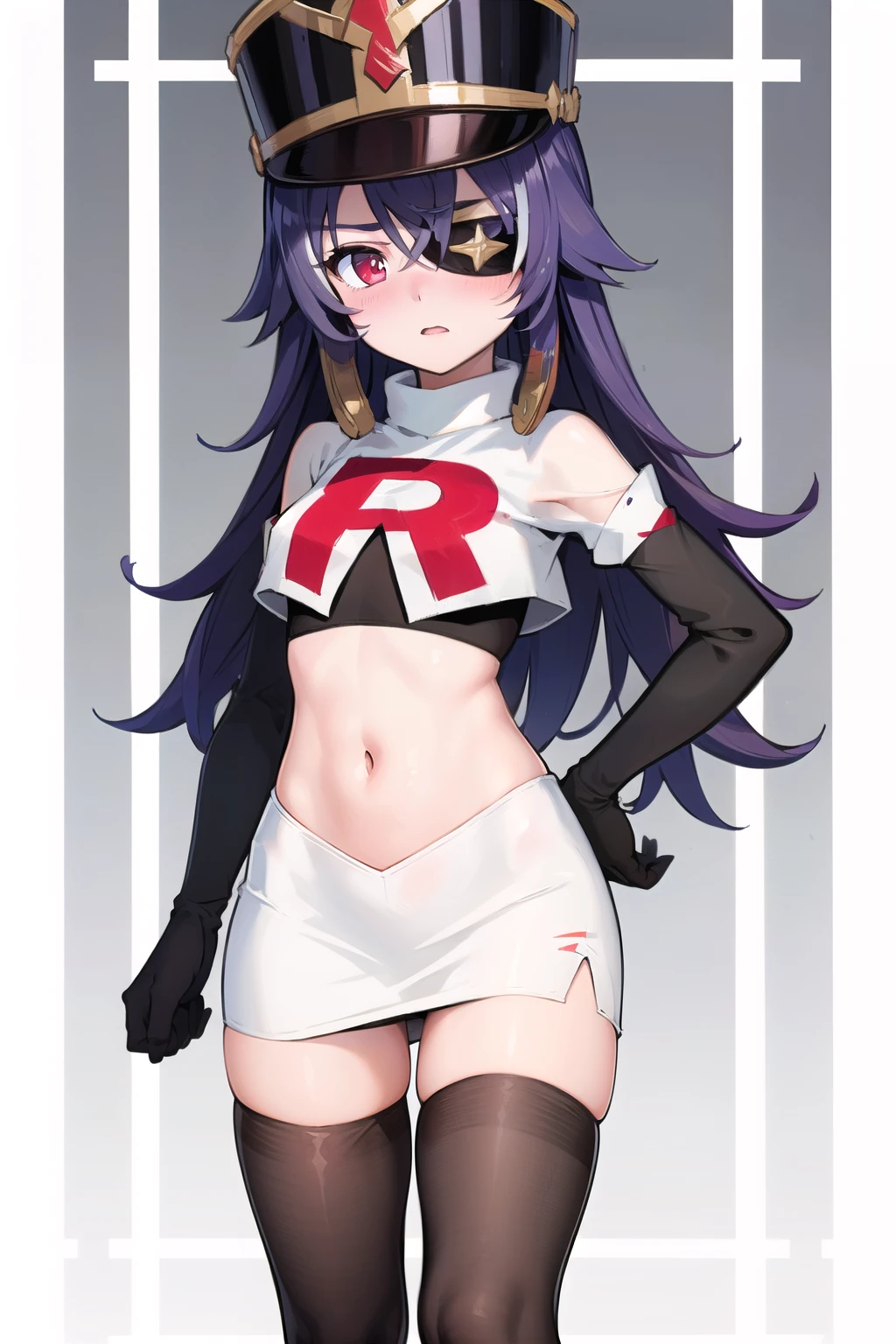 best quality, masterpiece, highres, solo, {mona_genshin:1.15}, long_hair, twintails, bangs, black_hair, breasts, blush, green_eyes, hat, jewelry, star_\(symbol\), witch_hat, earrings, medium_breasts,1girl,purple_headwear, star_earrings, hair_between_eyeackground,black hair, purple_hair, team rocket,team rocket uniform,white skirt,red letter R,crop top,black thigh-highs,black elbow gloves