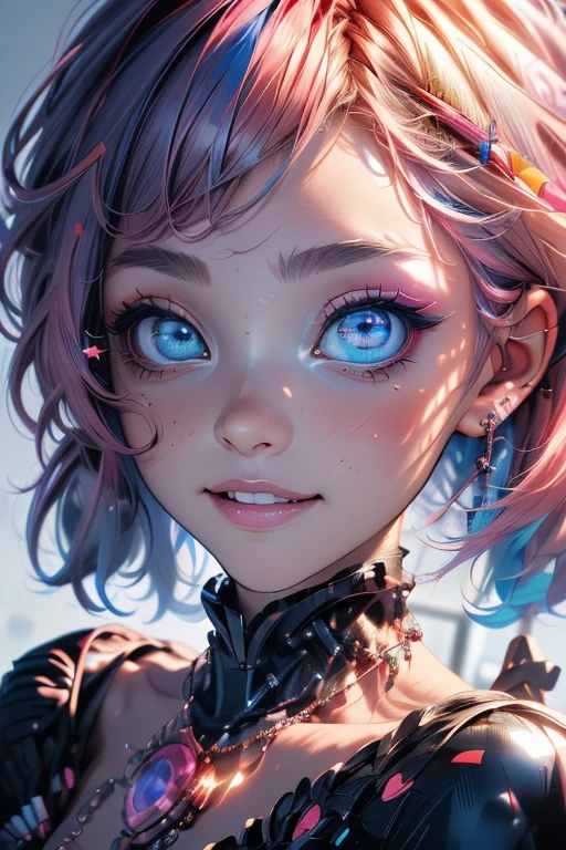 (absurdres, 8k, 4k, masterpiece, hyper extreme detailed:1.2) crazy face of women, eyes blue, expressive eyes, looking at viewer, long sleeves, necklace, crazy face, crazy eyes, crazy smile, short pink hair, pretty face, latina facial features, medium breasts, ciberpunk