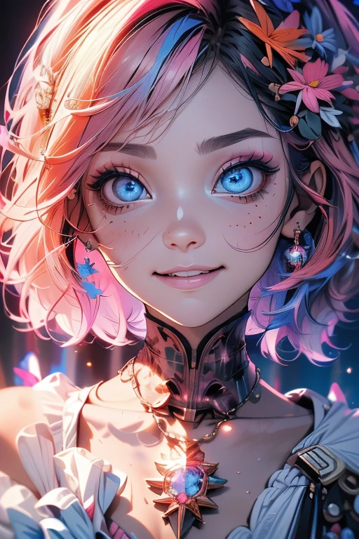 (absurdres, 8k, 4k, masterpiece, hyper extreme detailed:1.2) crazy face of women, eyes blue, expressive eyes, looking at viewer, long sleeves, necklace, crazy face, crazy eyes, crazy smile, short pink hair, pretty face, latina facial features, medium breasts, ciberpunk