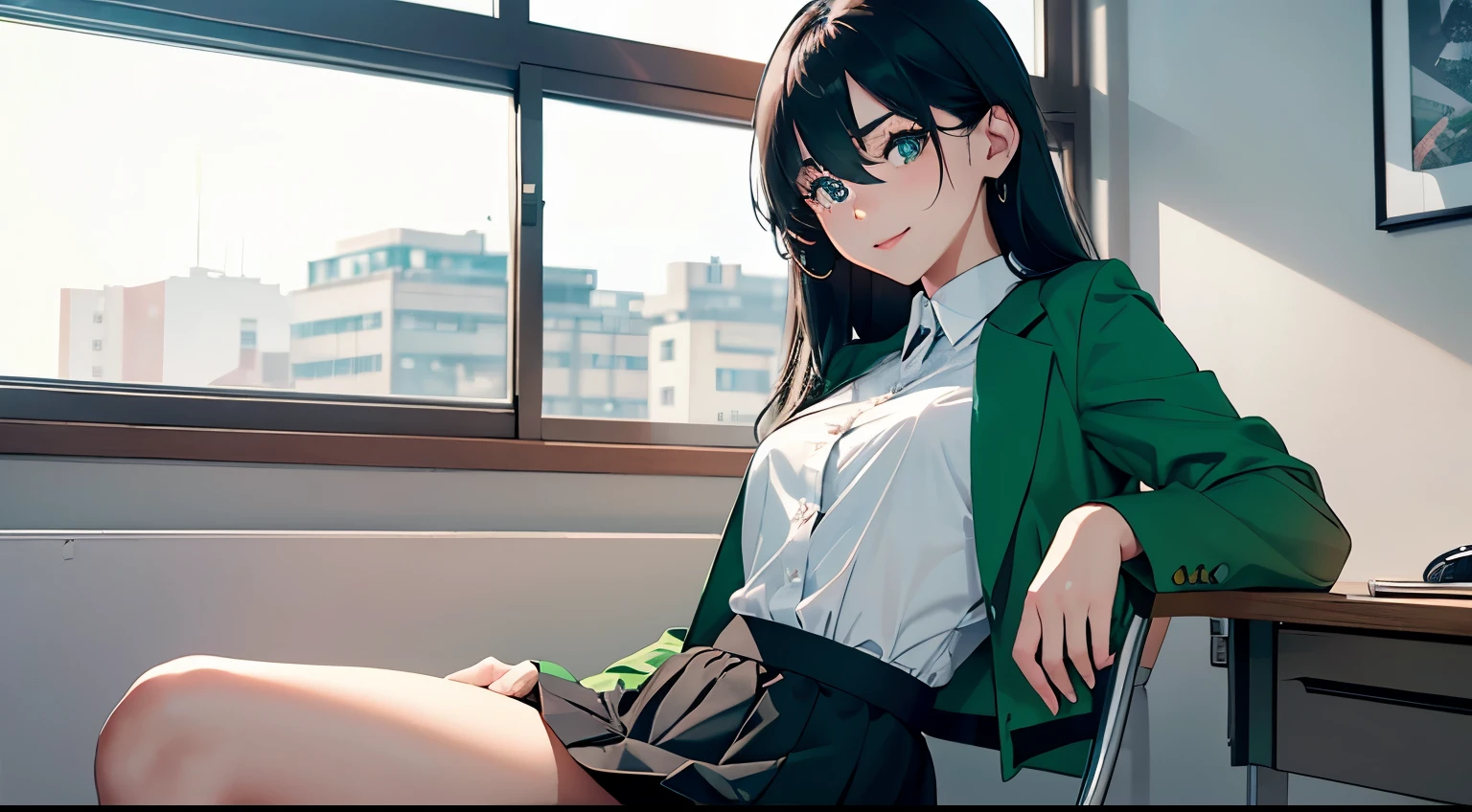 4K, A high resolution, Best quality at best, tmasterpiece, perfect colors, perfect shadow, perfect litthing, ((sportrait)), fit-muscled body, bright green eyes,dark blue hair , blue eyes, With round lenses, The audience watched carefully, (s face: 1.2), Perfect female figure,,sitting on the chair, ((green jacket, white shirt, strapless, , black shorts skirt)), ((shy smile and looking at viewert)), (Perfect thick white eyebrows, pinkish white skin) Delicate fur, 详细s face, s the perfect face, At a chill study room , (), warm and cozy background, perfect place for study , lighting atmosphere, ((warm lighting)), (The round lenses on his eyes)(詳細な目), Perfect student, half body shot