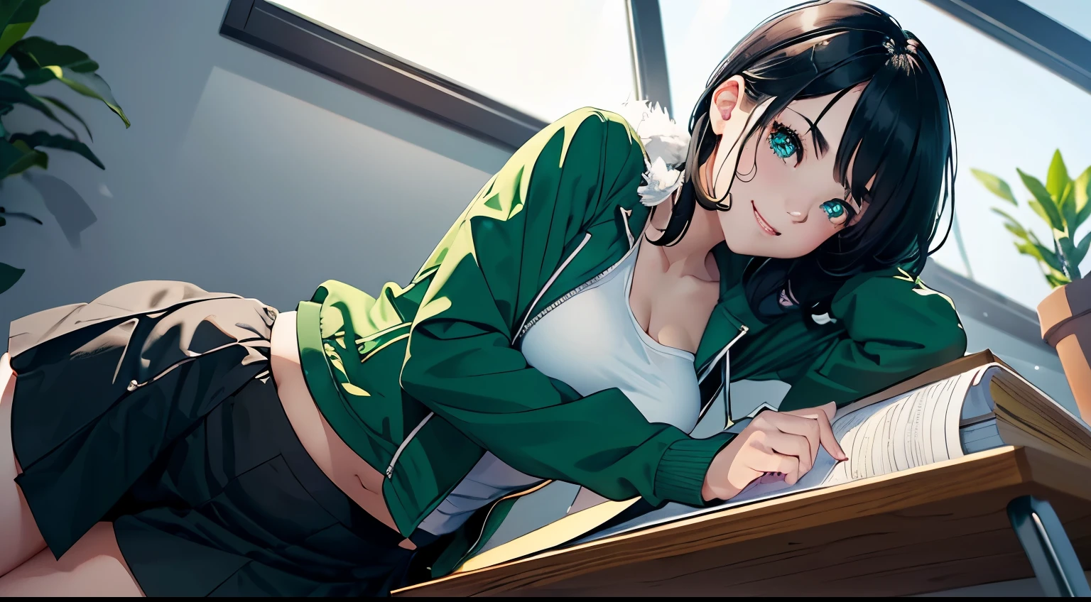 4K, A high resolution, Best quality at best, tmasterpiece, perfect colors, perfect shadow, perfect litthing, ((sportrait)), fit-muscled body, bright green eyes,dark blue hair , blue eyes, With round lenses, The audience watched carefully, (s face: 1.2), Perfect female figure,,sitting on the chair, ((green jacket, white shirt, strapless, , black shorts skirt)), ((shy smile and looking at viewert)), (Perfect thick white eyebrows, pinkish white skin) Delicate fur, 详细s face, s the perfect face, At a chill study room , (), warm and cozy background, perfect place for study , lighting atmosphere, ((warm lighting)), (The round lenses on his eyes)(詳細な目), Perfect student, half body shot