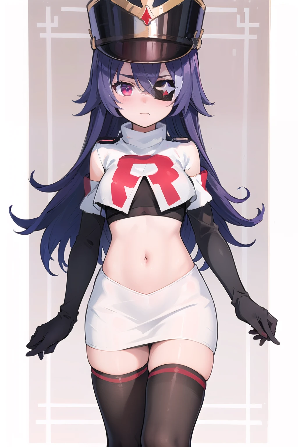 ((masterpiece,best quality)), 1girl, chevreuse, shako cap, eyepatch, detached sleeves, blush, team rocket,team rocket uniform,white skirt,red letter R,crop top,black thigh-highs,black elbow gloves