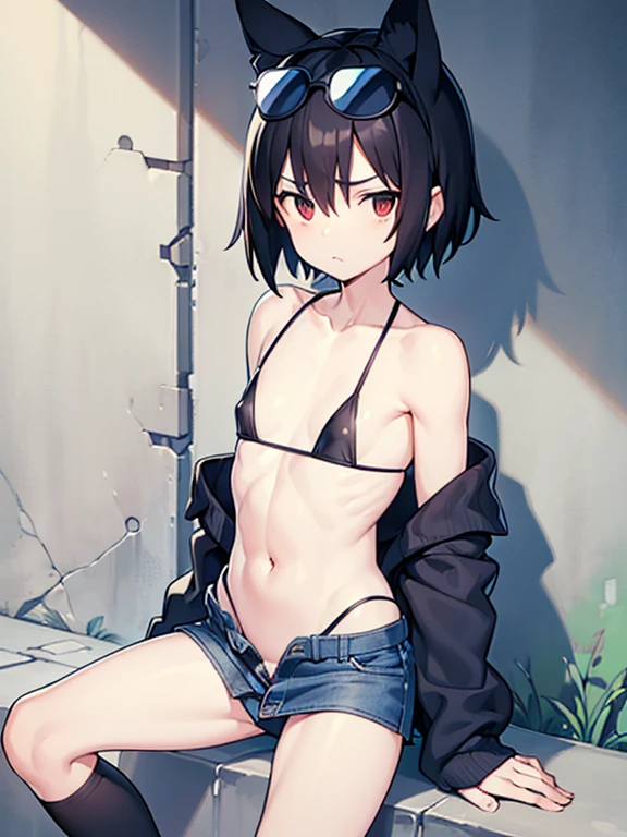 , very thin、black straight hair , thin body,denim miniskirt,Marked abdomen, bare shoulders, mark the lower abdomen,street ,Marked,small , sunglasses,hard nipples、Micro Bikini Pants、Protruding penis、Masculine crotch、