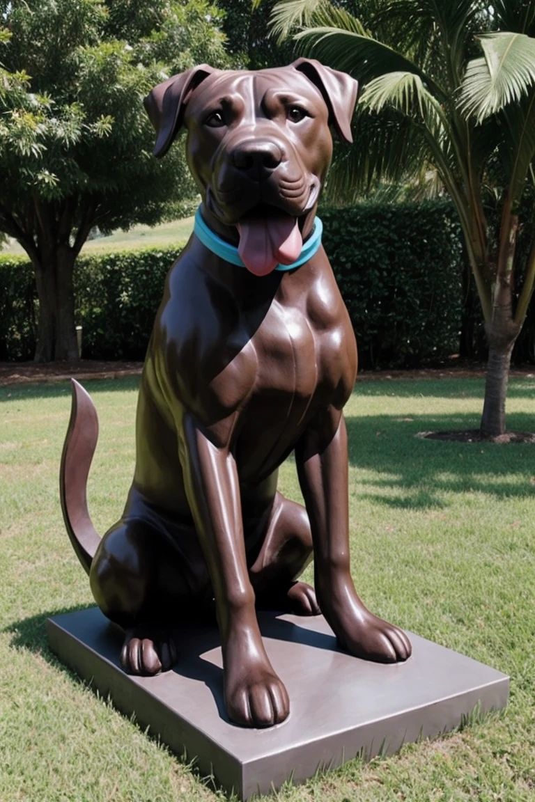 Escultura feita com vegetais de um Cachorro Pitbull com boca aberta, tongue out sitting