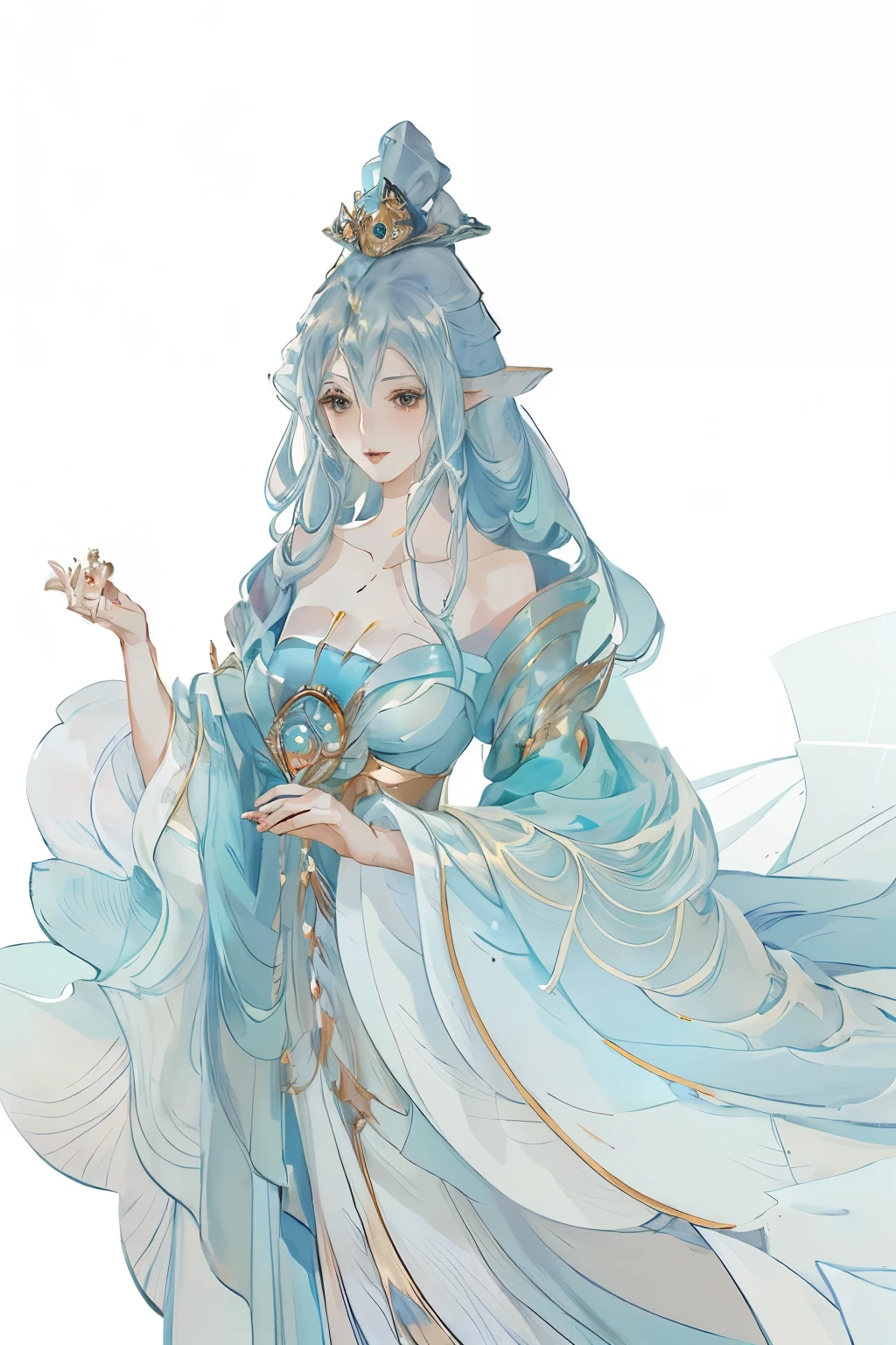 wearing blue clothes、Long-haired anime girl wearing a crown, ((beautiful fantasy queen beautiful fantasy queen, beautiful figure painting, ethereal beauty, Beautiful anime woman, fantasy art style, Beautiful anime style, Beautiful fantasy anime, A beautiful anime portrait, anime goddess, beautiful anime girl, Beautiful and elegant elf queen, ethereal fantasy, palace ， A girl wearing Hanfu