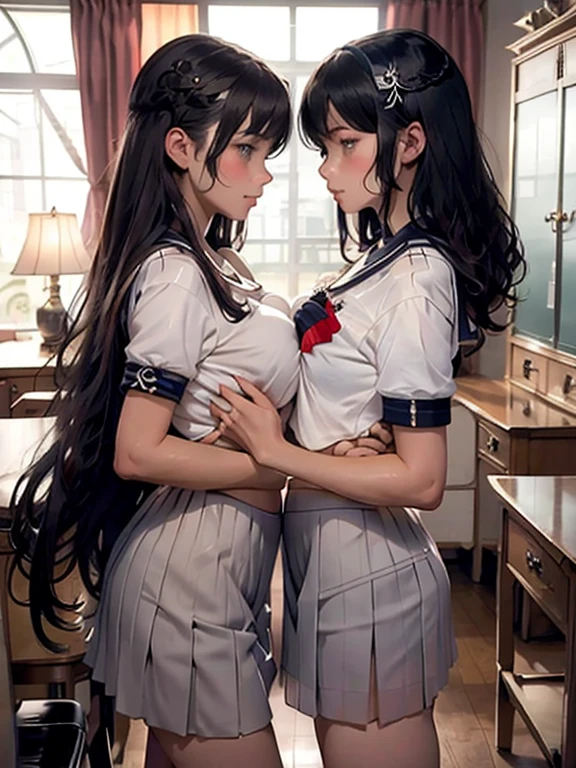 super fine illustration,masterpiece,best quality,ultra detailed,2girls,yuri,look at each other,eye contact,(sheer sailor school uniform:1.4),short sleeves,(covered nipples:1.1),breasts press against breasts,large breasts,medium hair,blush,shy,（super beatiful detailed big eyes：1.3）,(beautiful gray eyes), (looking at camera :1.2)