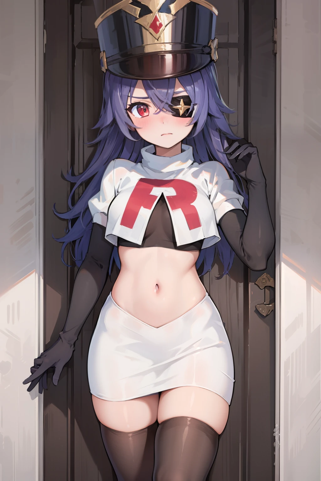 ((masterpiece,best quality)), 1girl, chevreuse, shako cap, eyepatch, blush, team rocket,team rocket uniform,white skirt,red letter R,crop top,black thigh-highs,black elbow gloves