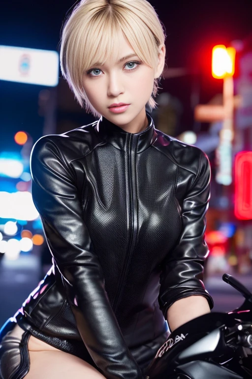 1 girl,(Wearing a black suit and riding a motorcycle:1.4),(RAW photo, highest quality), (realistic, photo-realistic:1.4), masterpiece, very delicate and beautiful, very detailed, 2k wallpaper, wonderful, finely, very detailed CG unity 8k wallpaper, Super detailed, High resolution, soft light, beautiful detailed girl, very detailed eyes and face, beautifully detailed nose, beautiful and detailed eyes,cinematic lighting,illuminated by neon lights at night,perfect anatomy,slender body,(straight face),blonde hair,(short hair)