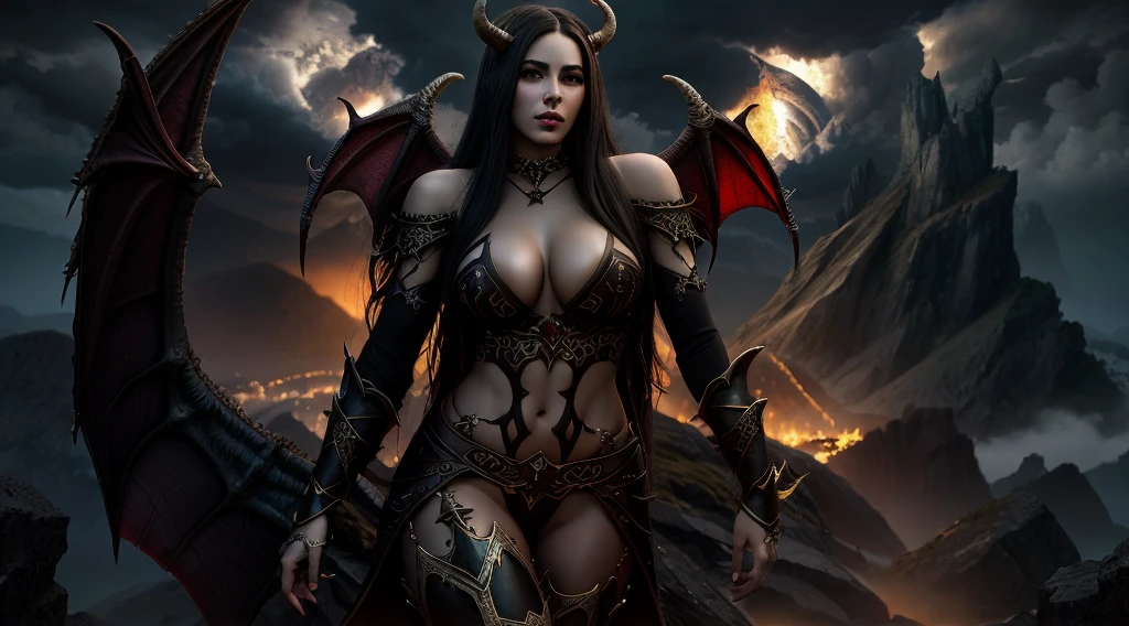 demonic woman with horns and wings standing in front of a mountain, beautiful succubus, succubus | medieval, beautiful elegant demon queen, big exposed breast, succubus, demoness, succubus in tight short dress, demon armor, demon woman, diablo 4 lilith, demon girl, demonic dragon inspired armor, epic fantasy art style hd, dark fantasy style art, epic fantasy digital art style