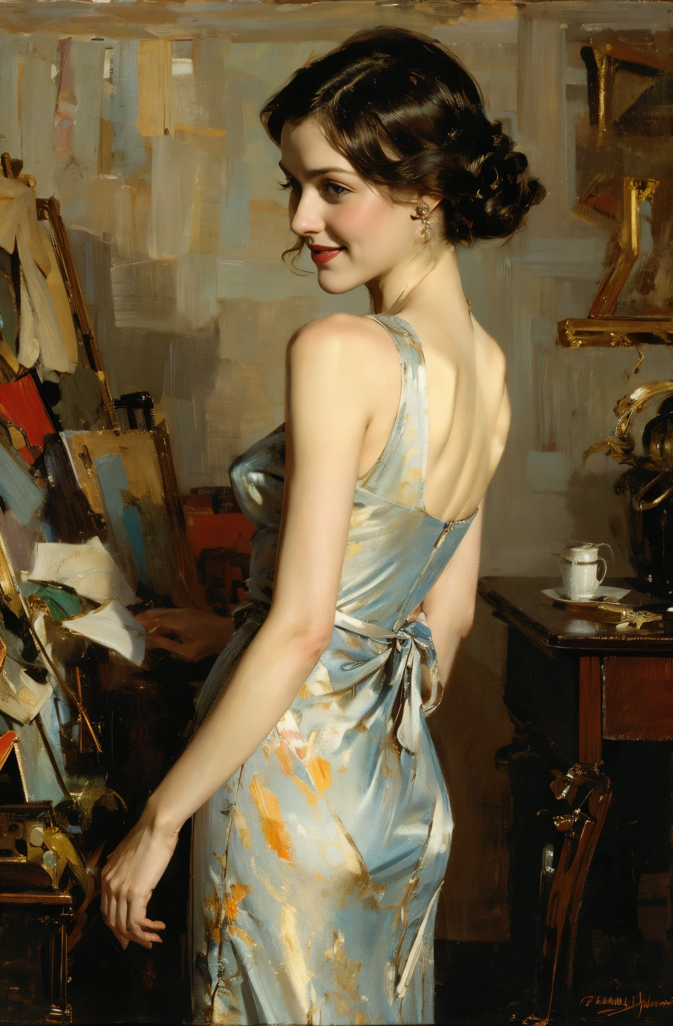 A woman standing elegantly in a beautiful young dress, Delphine Seyrig, gorgeous, A smile full of elegance, perfect tall model body, inspired by Fenghua Zhong, wallop style, Style Ivan Talavera and Artgerm, wallop and art germ, art germ style, inspired by Vincent Lefevre, Gwaites style artwork, artgerm and wlop, figurative art, Beautiful and expressive paintings, Beautiful artwork illustration, wonderful, cool beauty, highest quality, official art, perfect composition, perfect angle, best shot, female solo, sharp outline, melancholy, nostalgia, romantic, Eyes without pupils, color eye, ideal anima, unforgettable woman, monologue, The present blends with the past, 1960s Paris