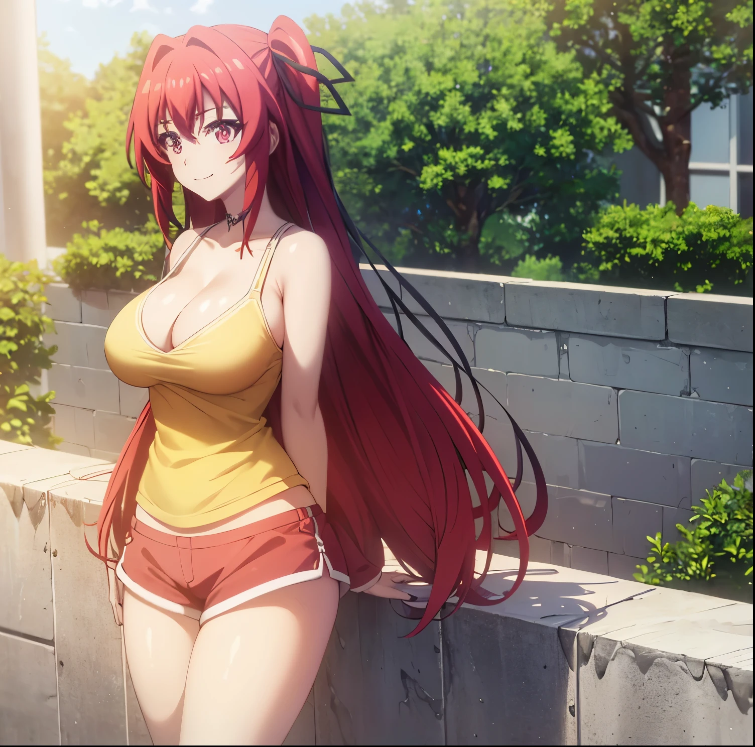 best quality,1girl, alóne,  Mio_Naruse, red_hair, long_hair, red eyes,breasts, large_breasts, ribbon, cleavage, hair_ribbon, yellow shirt, tank_top, shorts,cleavage, seductive, smiling, big breasts, medium waist, wide hips, medium thighs, perfect anatomy, perfect hands